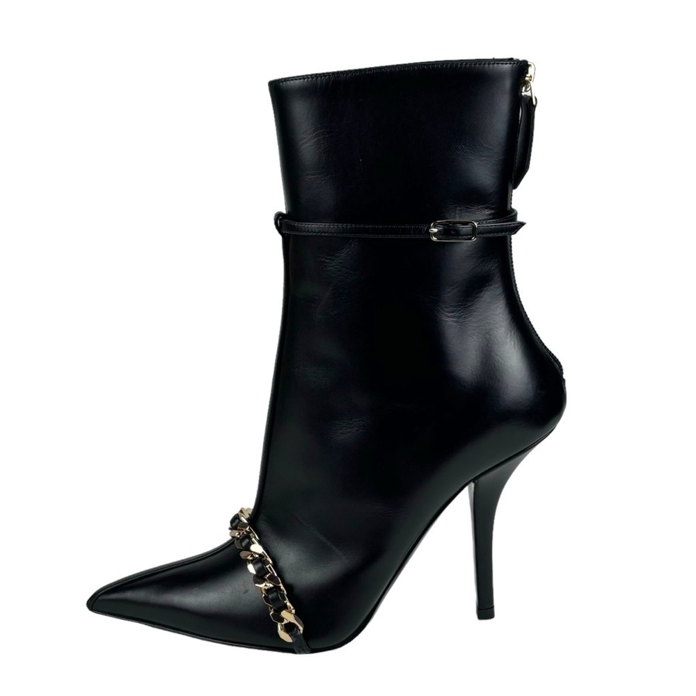 BURBERRY ANDREA BLACK LEATHER POINTED TOE CHAIN TRIM HIGH HEEL ANKLE BOOT